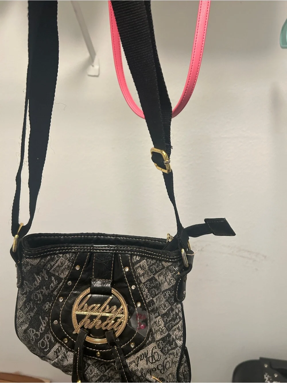 Baby Phat Black and Gray Logo Shoulder Bag with Gold Emblem